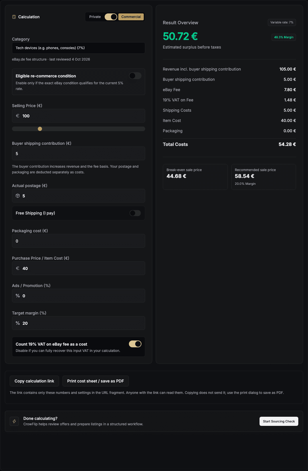 eBay calculator: €100 sale price, €40 purchase cost, €5 buyer-paid shipping, €5 postage, €0 packaging; commercial technology category at 7% and €50.72 cash surplus.