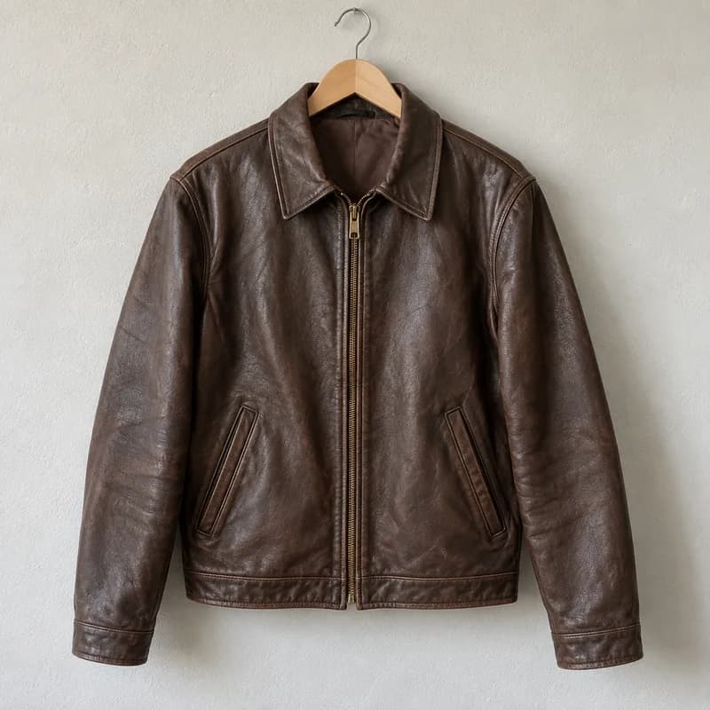 Brown vintage leather jacket with a collar and zip fastening on a wooden hanger